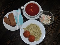 Комплекс №1 пятница: Борщ украинский со свининой 200гр, Ежики куриные 100/60гр, Рожки с зеленым соусом 150гр, Салат Оливье 120гр, Хлеб ржаной 2 кусочка. Комплекс №1 пятница: Борщ украинский со свининой 200гр, Ежики куриные 100/60гр, Рожки с зеленым соусом 150гр, Салат Оливье 120гр, Хлеб ржаной 2 кусочка.