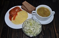 Комплекс №1 среда: Рассольник по-Ленинградски, Картофельное пюре, Тефтели рыбные с томатным соусом, Салат из свежей капусты с зеленью, Хлеб ржаной 2 куска Комплекс №1 среда: Рассольник по-Ленинградски, Картофельное пюре, Тефтели рыбные с томатным соусом, Салат из свежей капусты с зеленью, Хлеб ржаной 2 куска